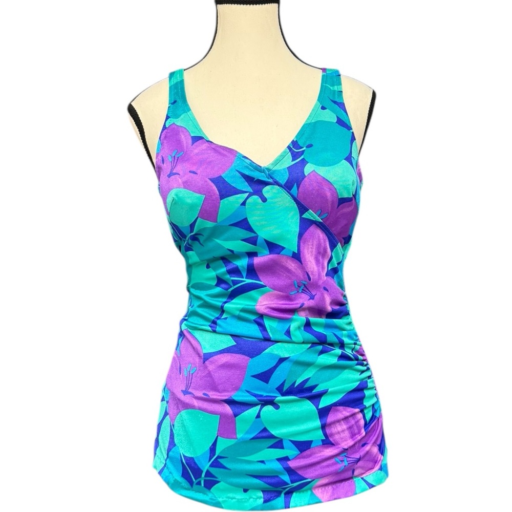 Vintage 70s Maxine of Hollywood Blue Purple Floral One-Piece Swimsuit size 14